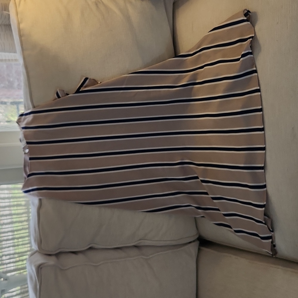 Tan and navy striped sleeveless dress
